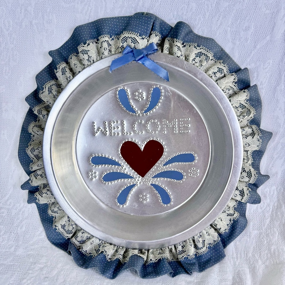 Vintage Cottagecore Blue Ruffle Welcome Pierced Pie Tin with Heart 1980’s